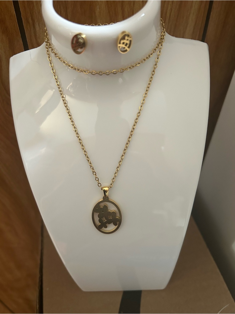 Gold-Tone Layered Necklace & Stud Earrings Jewelry Set – Elegant Women’s Fashion